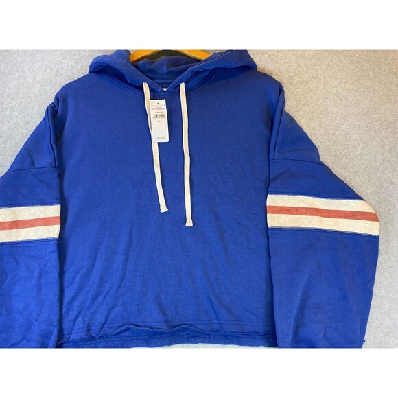 American Eagle Outfitters Cropped Boxy Hoodie Women Large Blue Fleece Drawstring - Picture 2 of 16